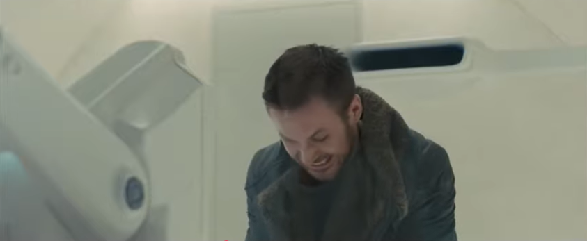 K when he learns that he was not born from experimental replicant Rachel as he believed, but is instead an ordinary replicant